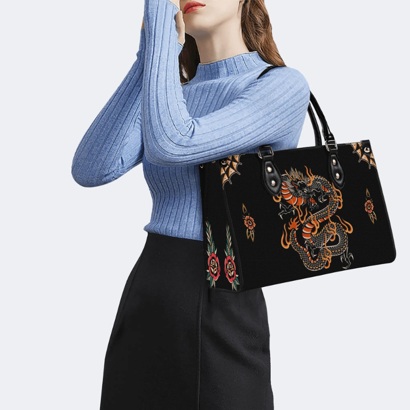 Circling Black Dragon Print Handbag Factory Direct Sales