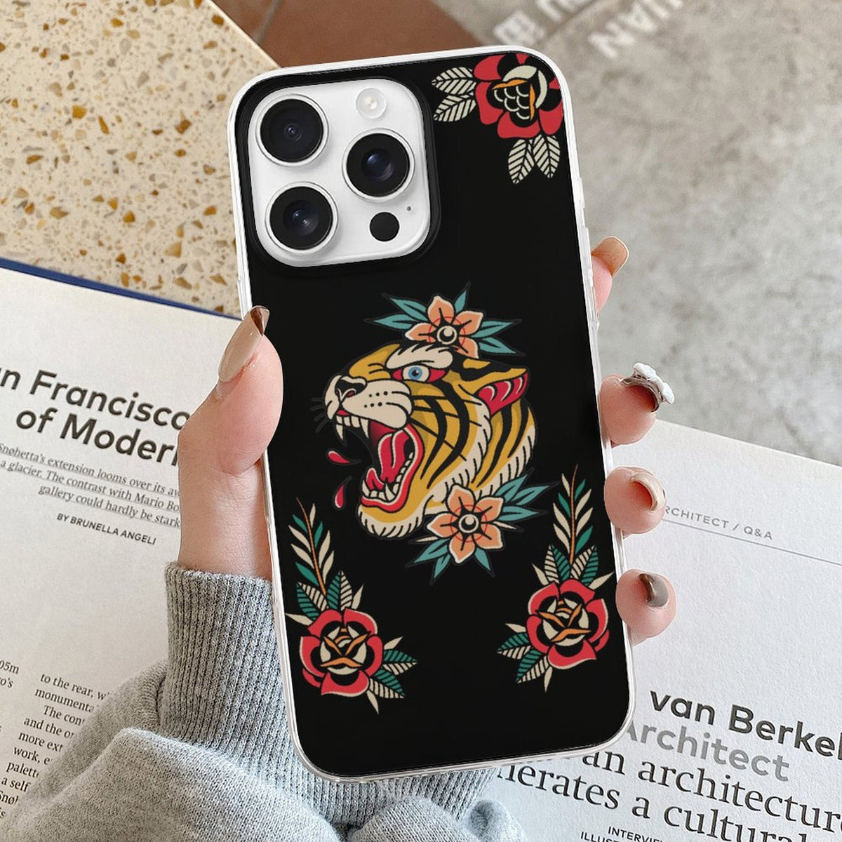 Old School Tiger Rose Print - Phone Case