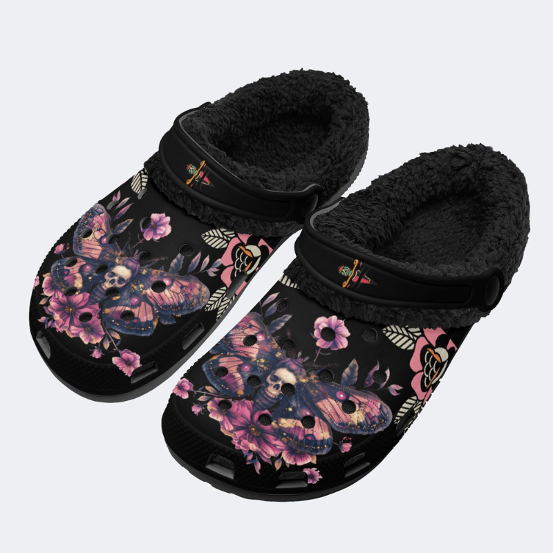 Black Background With Skull And Moth Print Slippers/Sandals