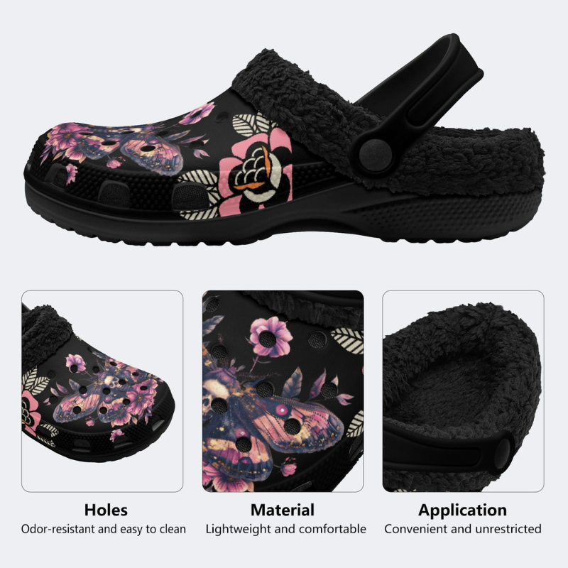 Black Background With Skull And Moth Print Slippers/Sandals