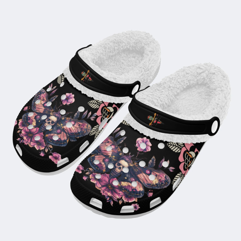 Black Background With Skull And Moth Print Slippers/Sandals