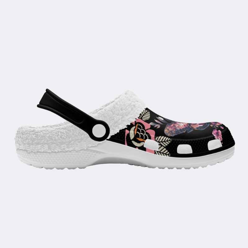 Black Background With Skull And Moth Print Slippers/Sandals