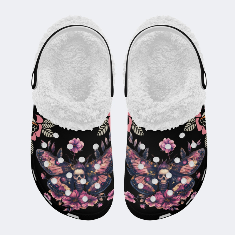 Black Background With Skull And Moth Print Slippers/Sandals