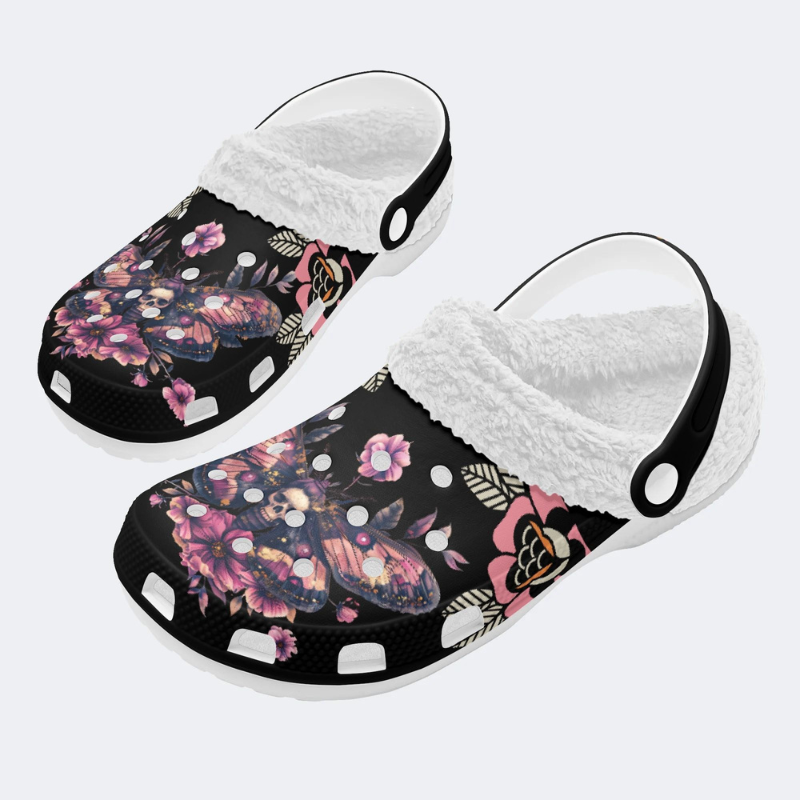 Black Background With Skull And Moth Print Slippers/Sandals