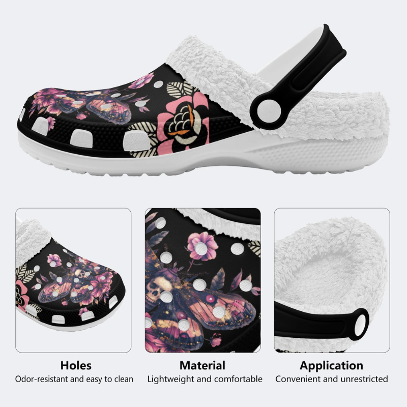 Black Background With Skull And Moth Print Slippers/Sandals