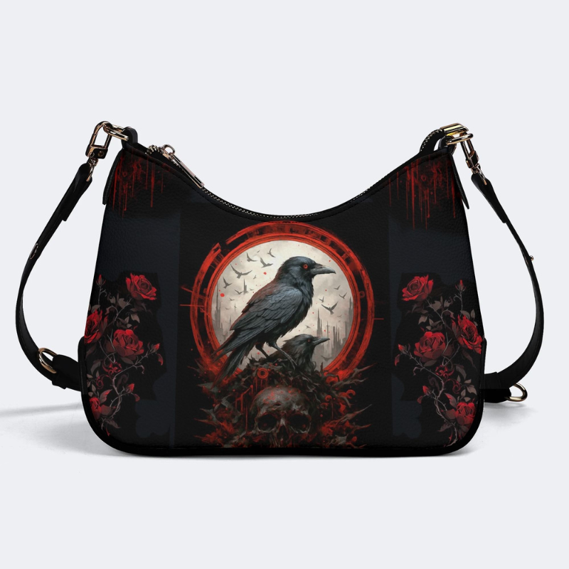 Dark Crow And Rose Print - Leather Crossbody Bag_01