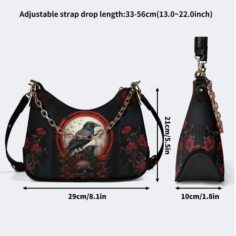 Dark Crow And Rose Print - Leather Crossbody Bag_06
