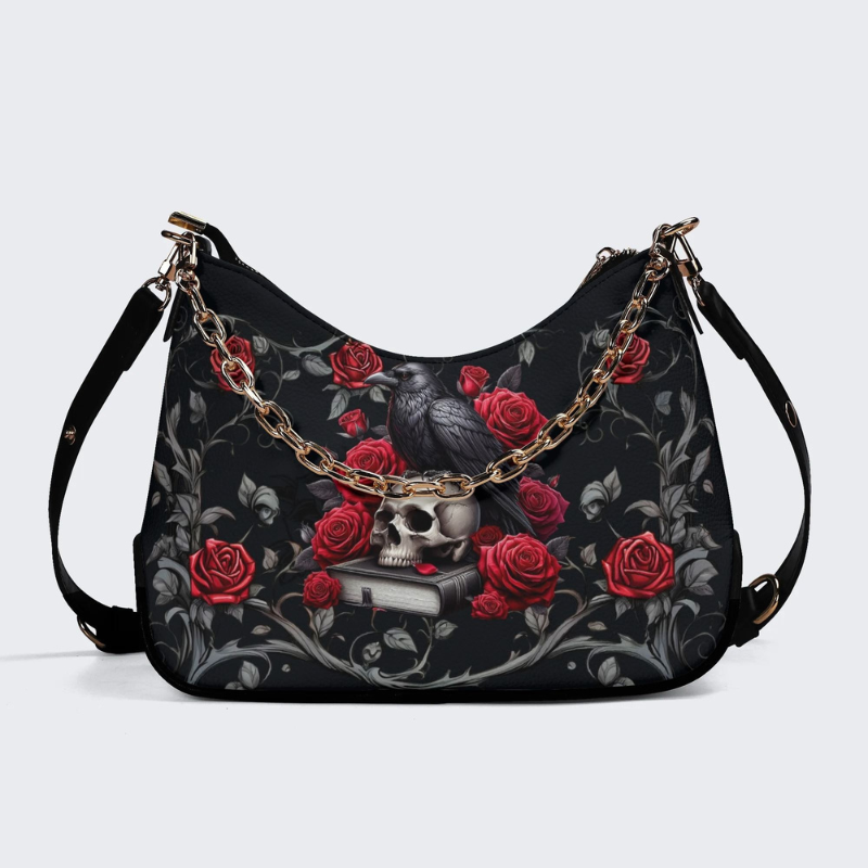 Dark Crow And Skull Print Leather Crossbody Bag