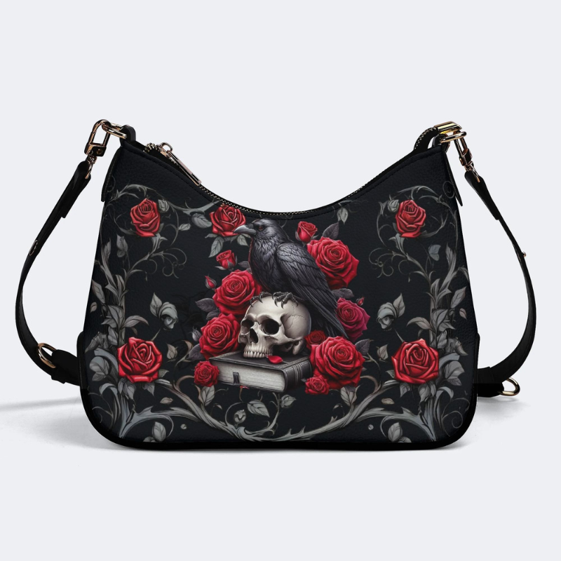Dark Crow And Skull Print Leather Crossbody Bag_01