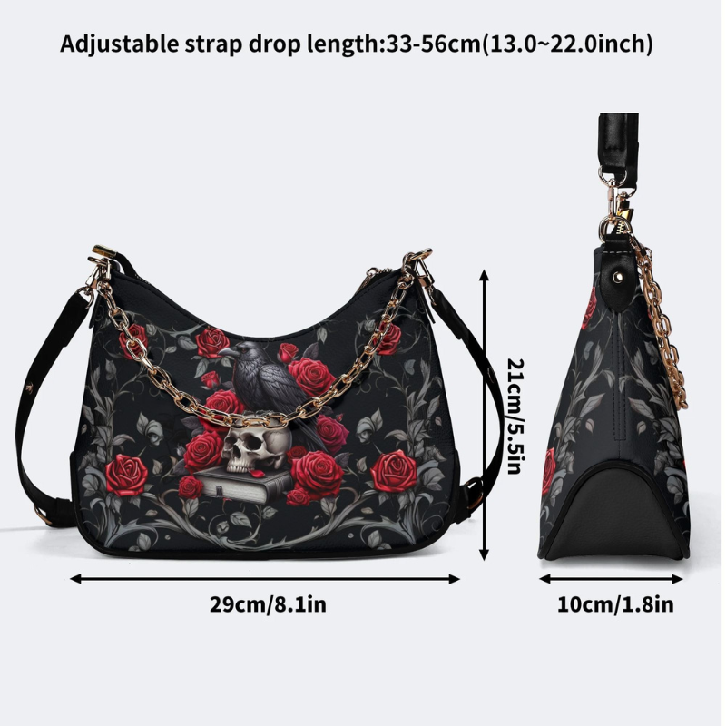 Dark Crow And Skull Print Leather Crossbody Bag_06