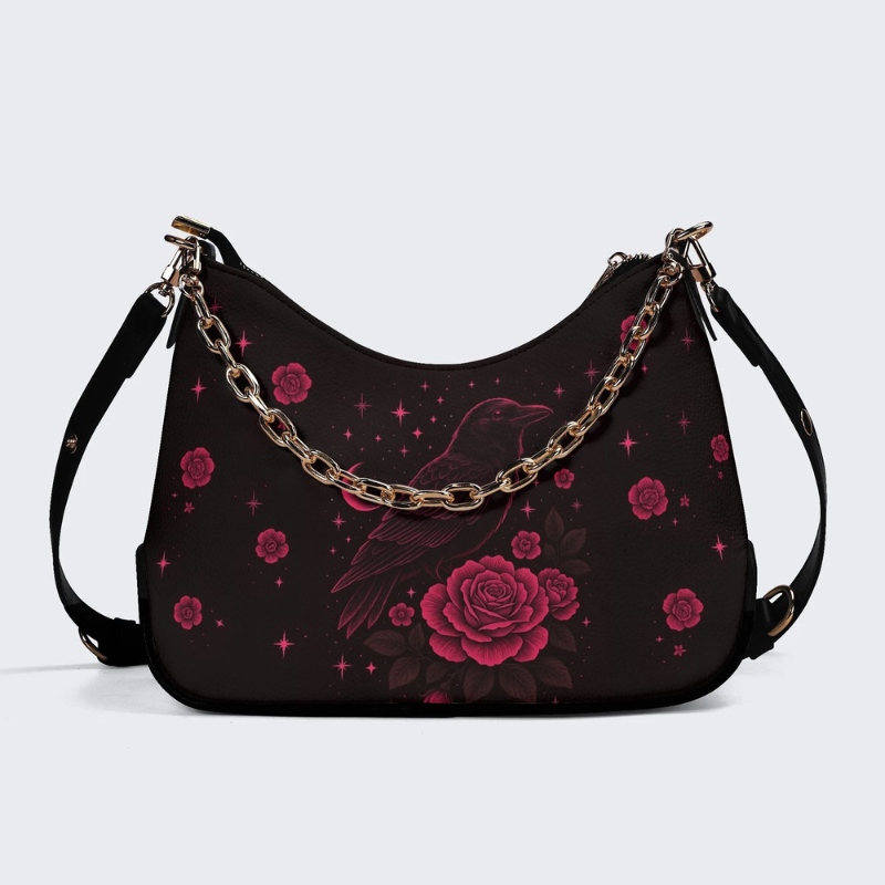 Dark Red Crow And Rose Print Leather Crossbody Bag