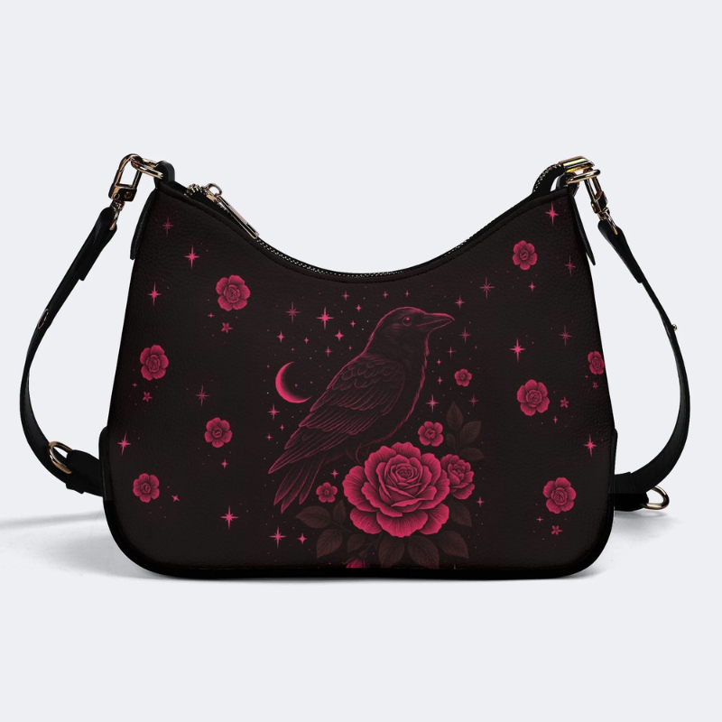 Dark Red Crow And Rose Print Leather Crossbody Bag_01