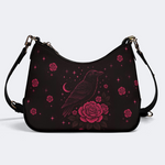 Dark Red Crow And Rose Print Leather Crossbody Bag_01
