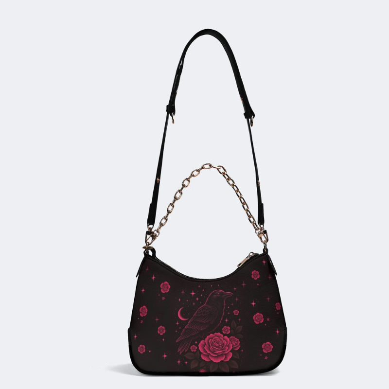 Dark Red Crow And Rose Print Leather Crossbody Bag_04