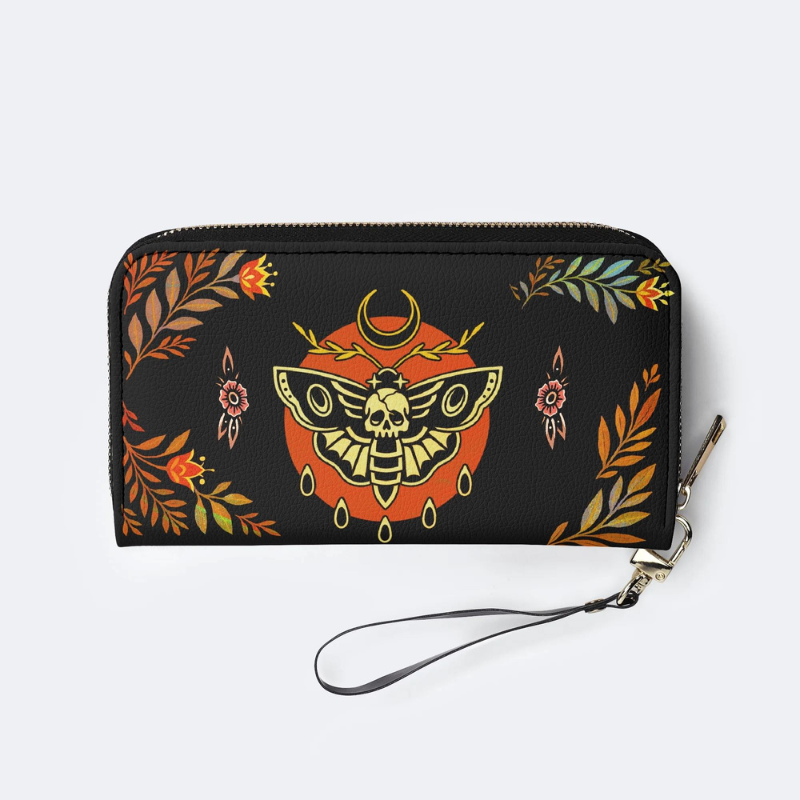 Death Moth Leaf Print Leather Wallet Factory direct sales