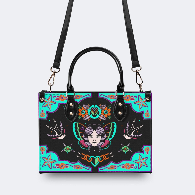 Human Face Moth And Bird Print Handbag_02