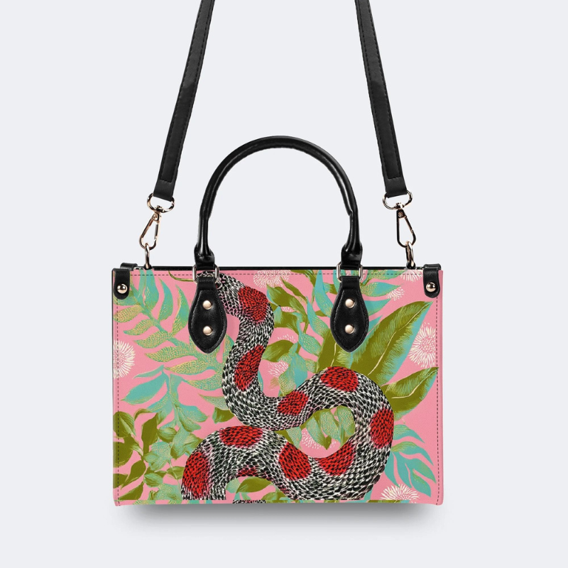 Red-Spotted Viper And Leaves Print Handbag_02