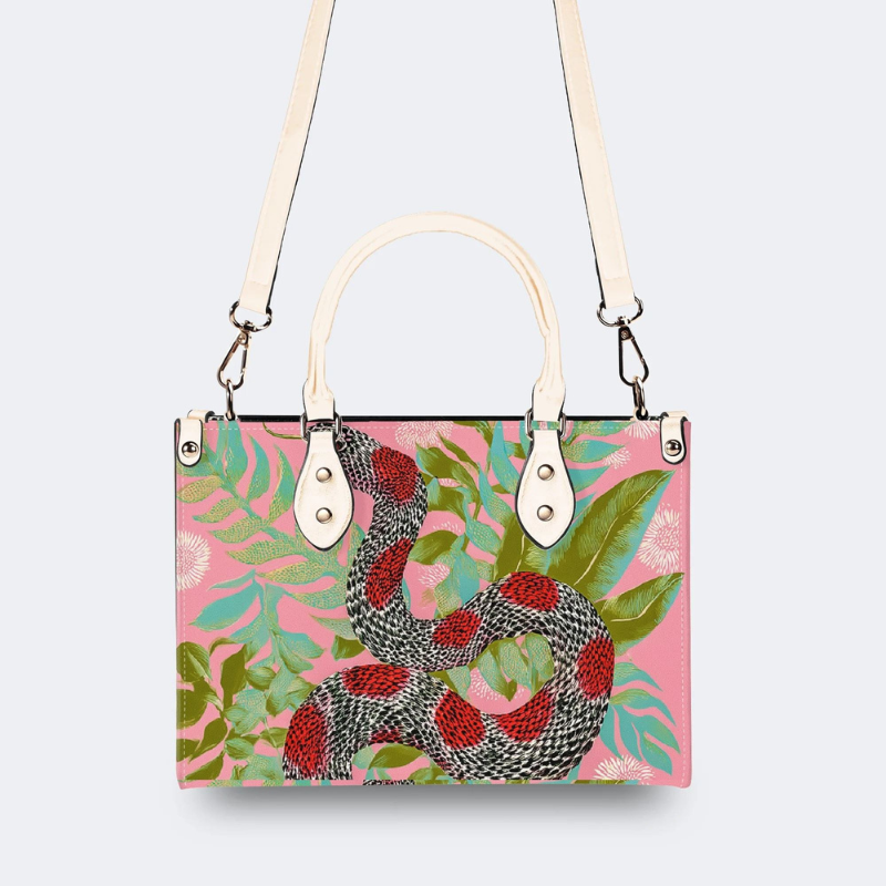 Red-Spotted Viper And Leaves Print Handbag_03