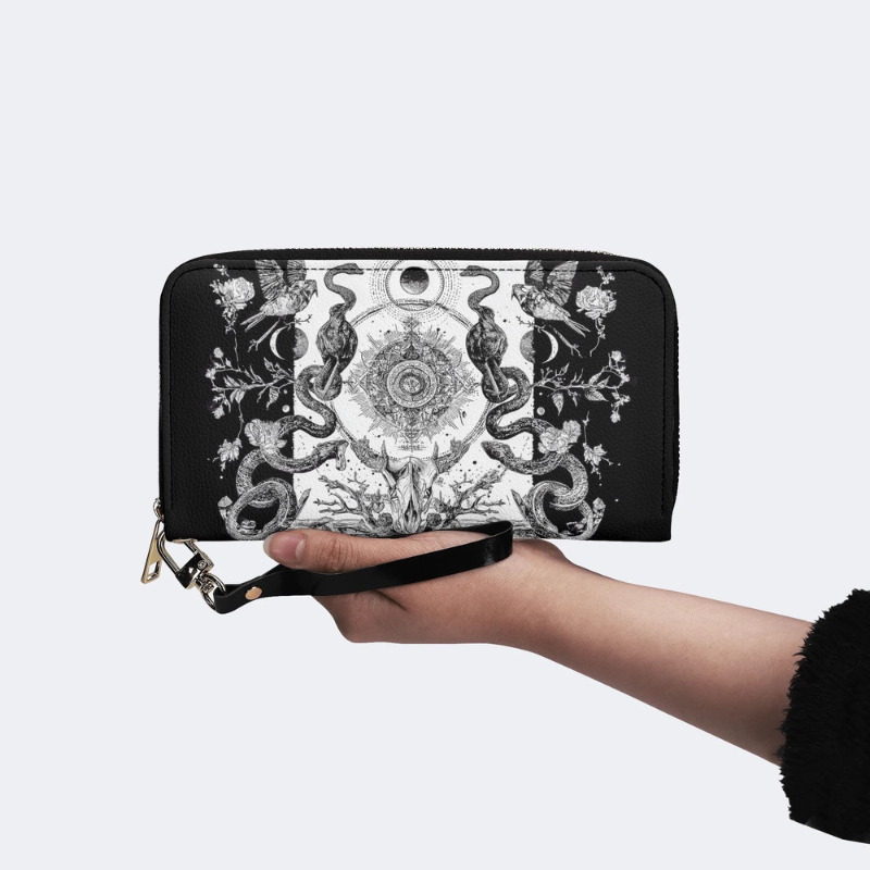 Retro Flora And Fauna And Sun Leather Wallet_05