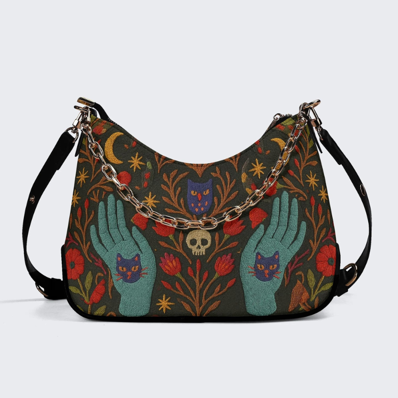 Retro Skull And Kitten Print Leather Crossbody Bag