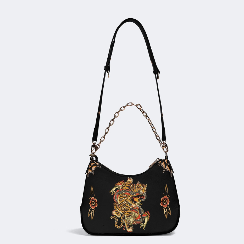 Traditional Tiger And Dragon Print Leather Crossbody Bag