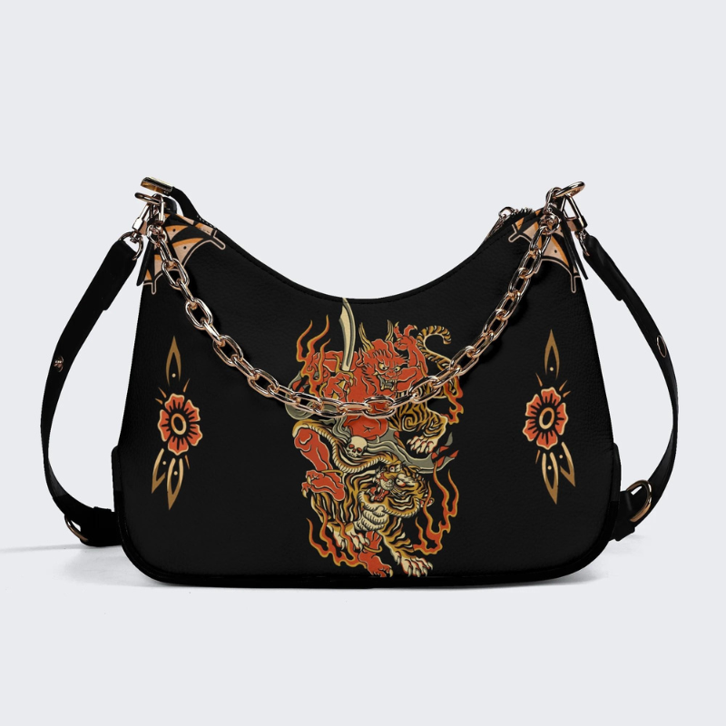 Vintage Tiger And Devil Print Leather Crossbody Bag
