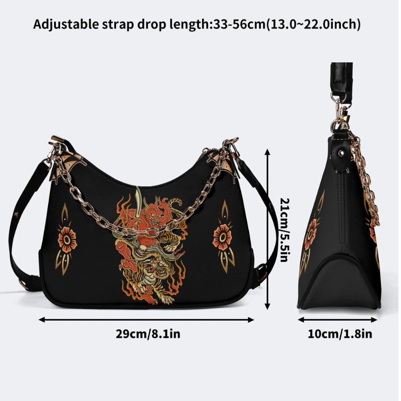 Vintage Tiger And Devil Print Leather Crossbody Bag
