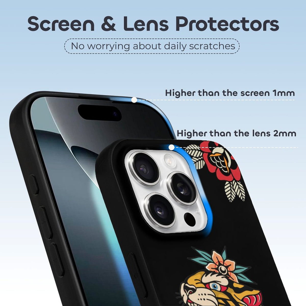 Old School Tiger Rose Print - Phone Case