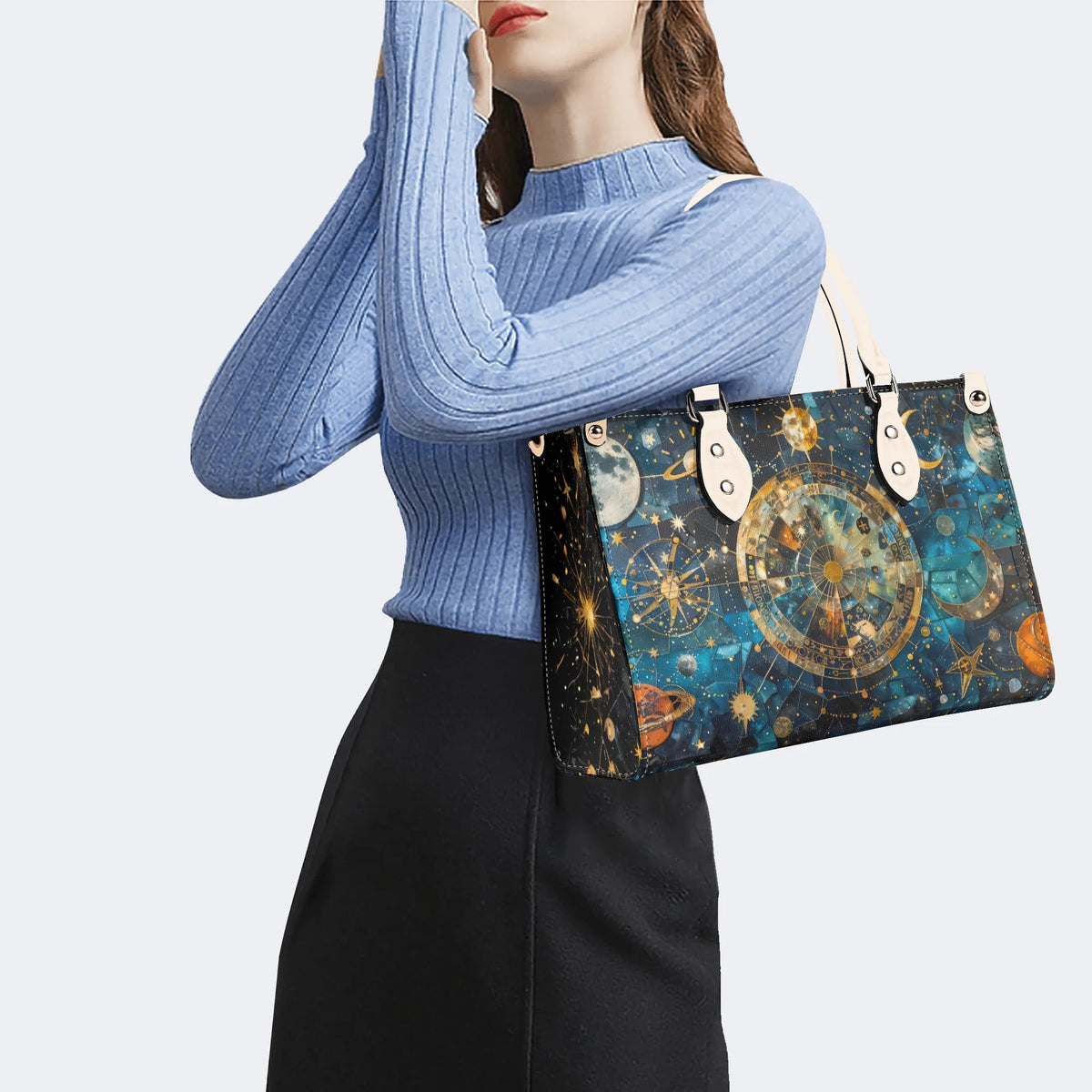 Mystical Astrological Symbols Print - Leather Handbag