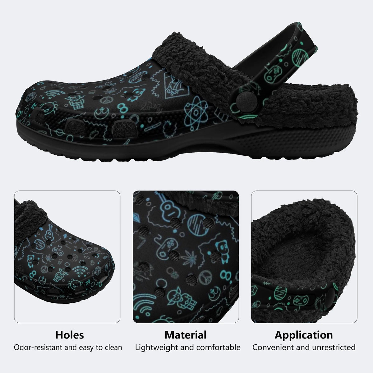 Teal Doodle Icons - Fur Lined Slippers/Sandals