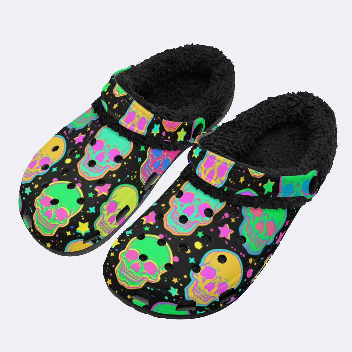 Fluorescent Skull Print- Fur Lined Slippers/Sandals