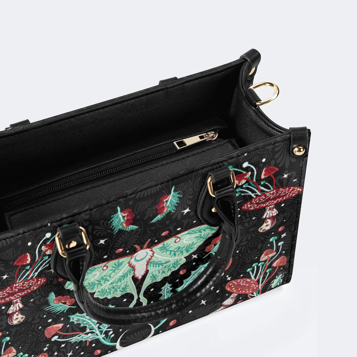 Green Moth In Mushroom Bush - Leather Handbag