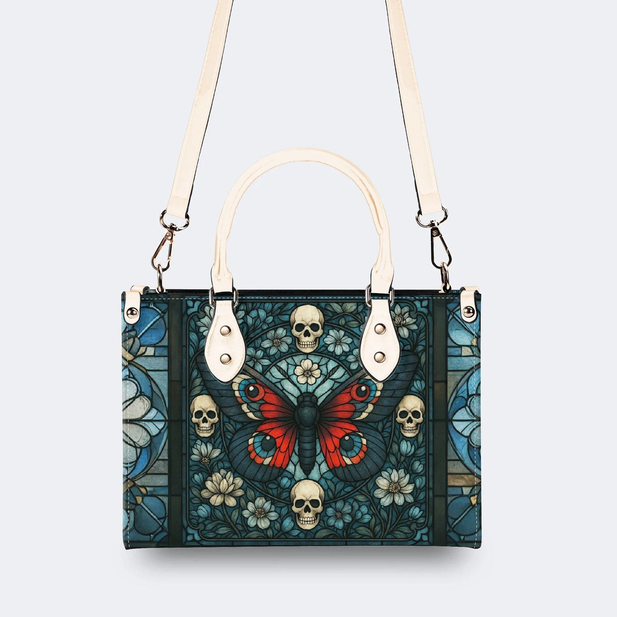 Vintage Moth And Skull Print - Leather Handbag
