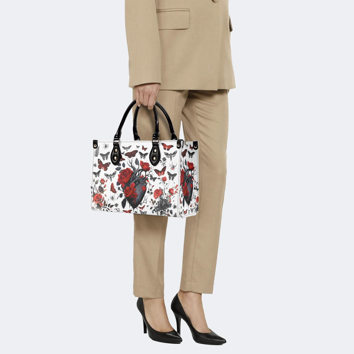 Heart Rose Butterfly Print - Leather Handbag