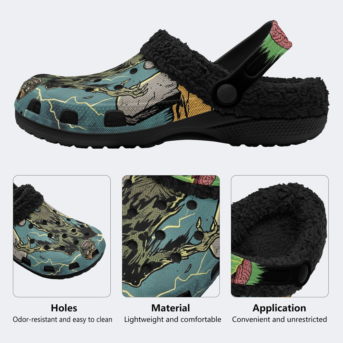 Gothic Horror Zombie Lightning Comic Art - Fur Lined Slippers/Sandals
