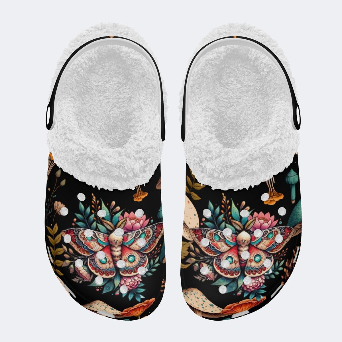 Moth Floral Mushroom Print - Removable Fur Lined Slippers/Sandals