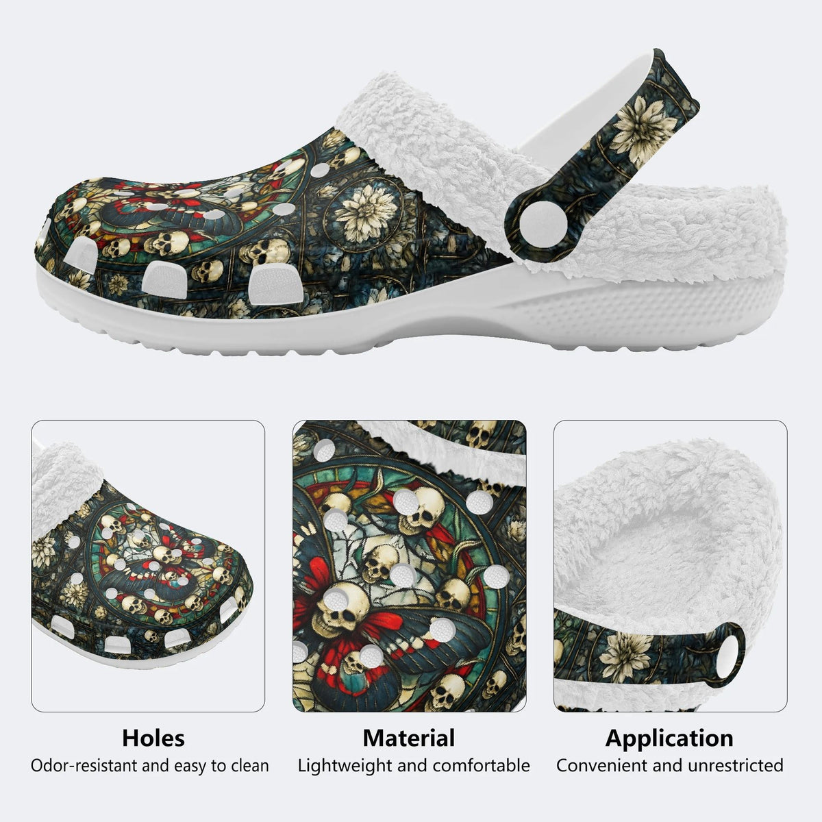Skull And Moth Print - Fur Lined Slippers/Sandals