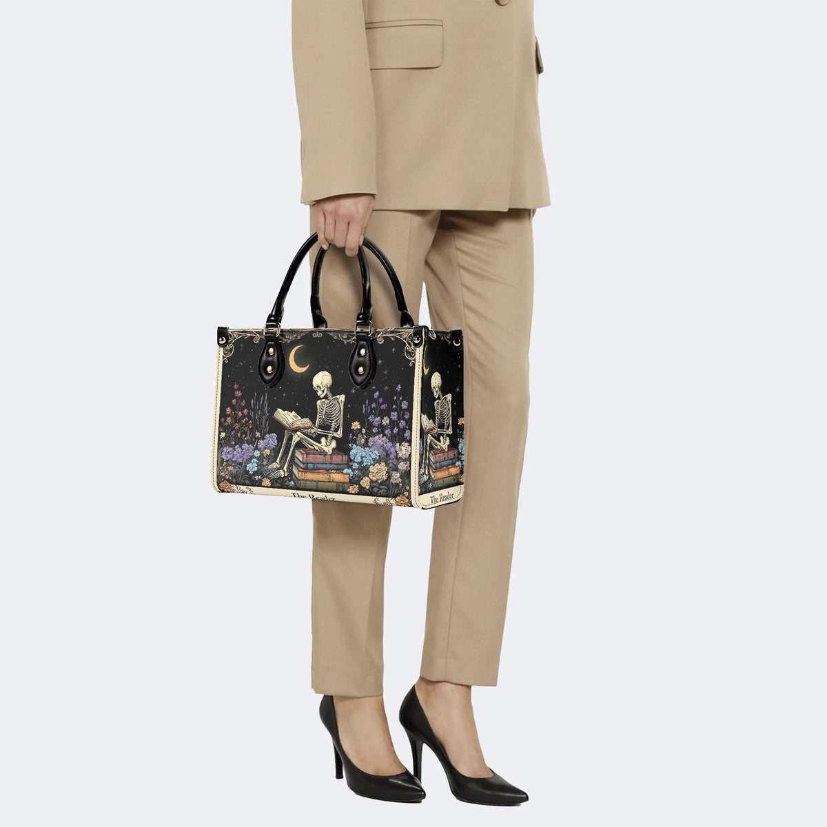 Skeleton Reading A Book Among Flowers - Leather Handbag