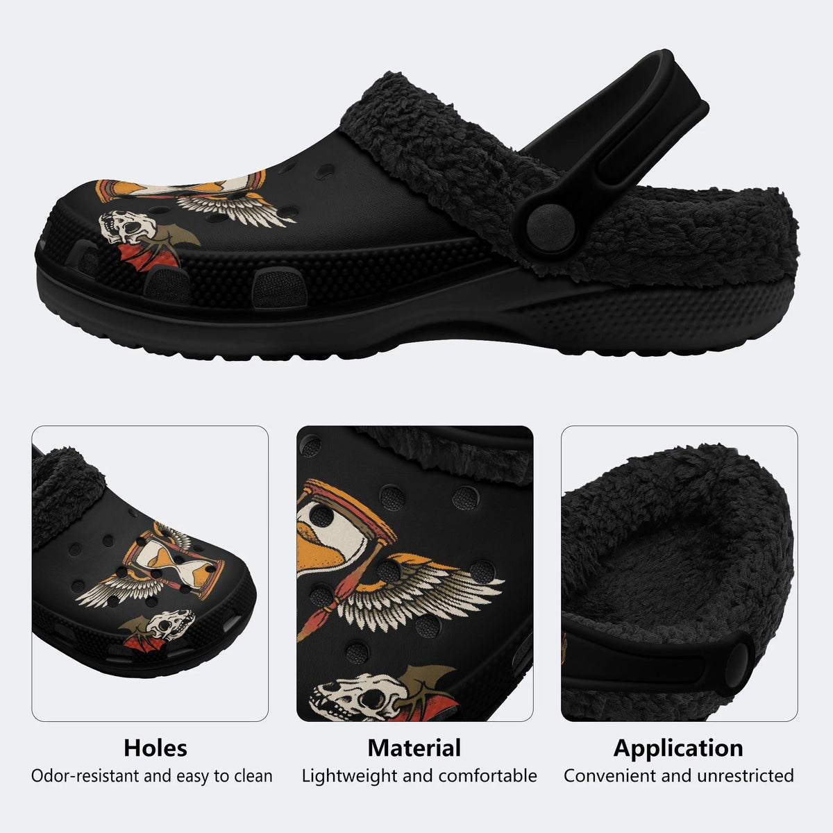 Winged Hourglass Skull - Fur Lined Slippers/Sandals