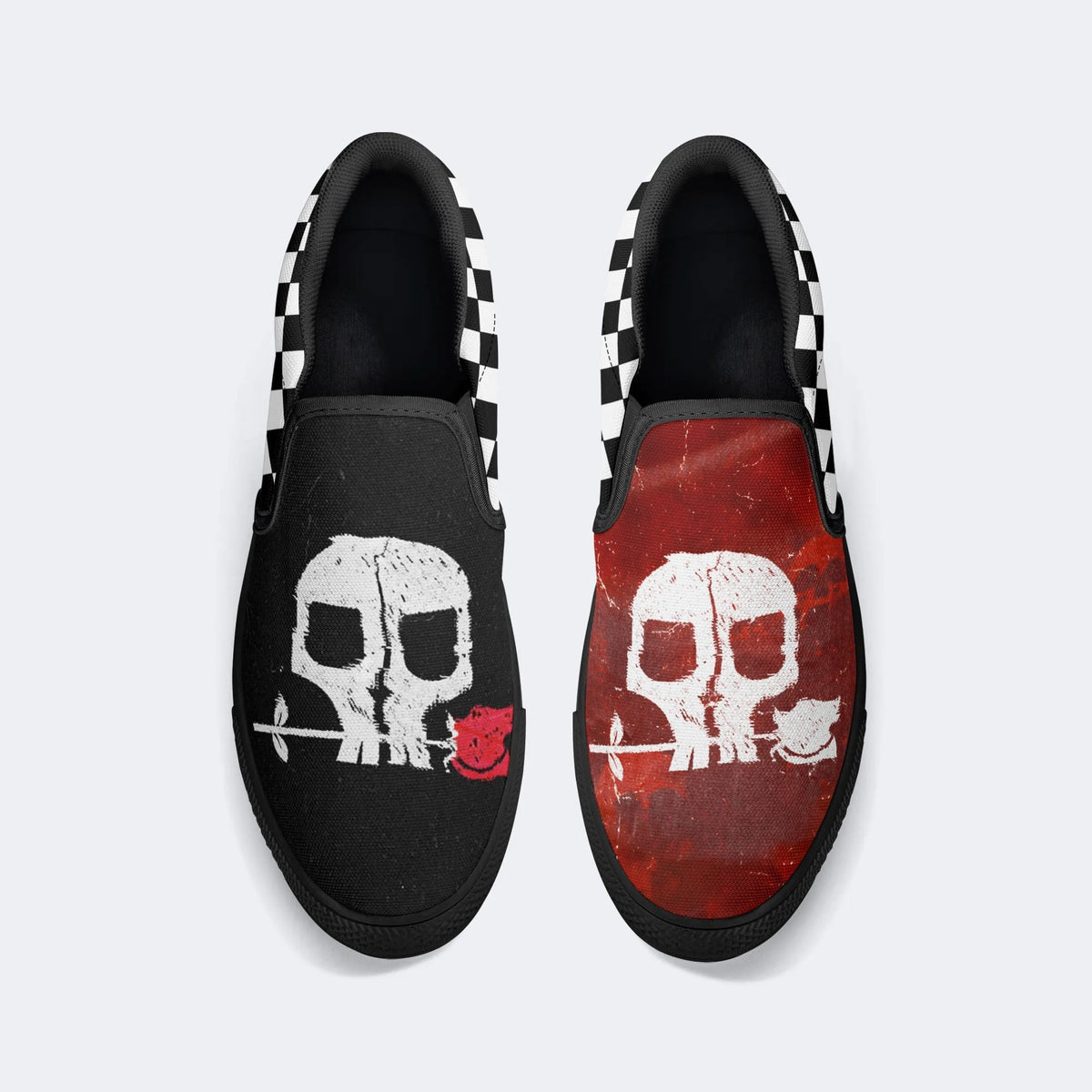 Unisex Rose Skull Print - Slip On Shoes