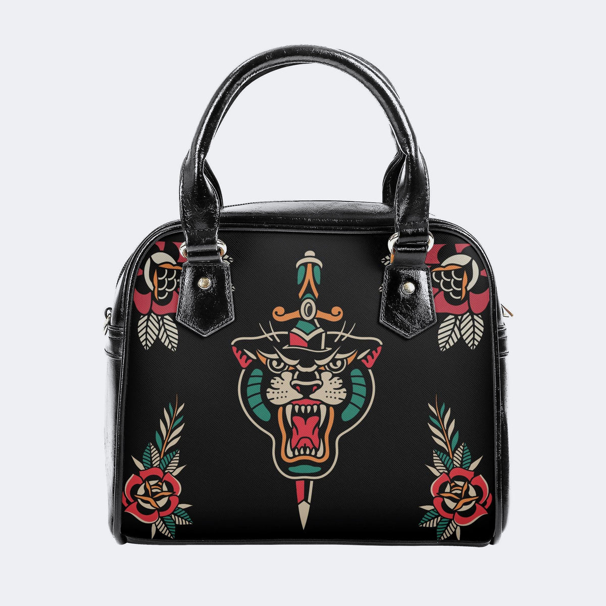 Retro Tiger Print - Leather Shoulder Handbag