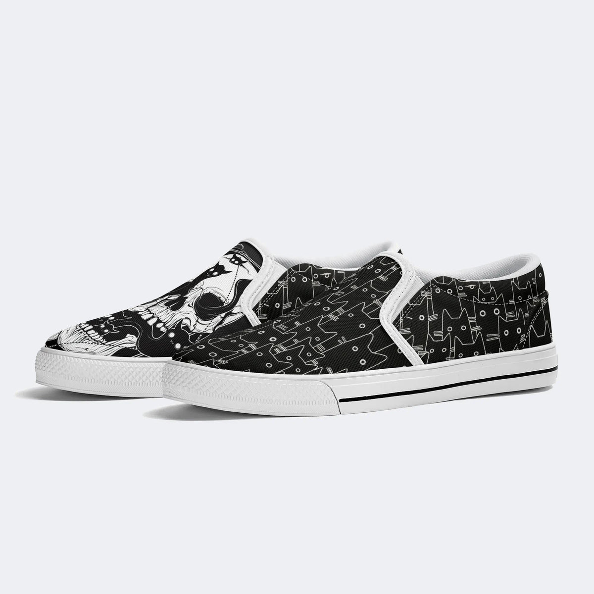 Skull&Black Cat Print - Slip On Shoes