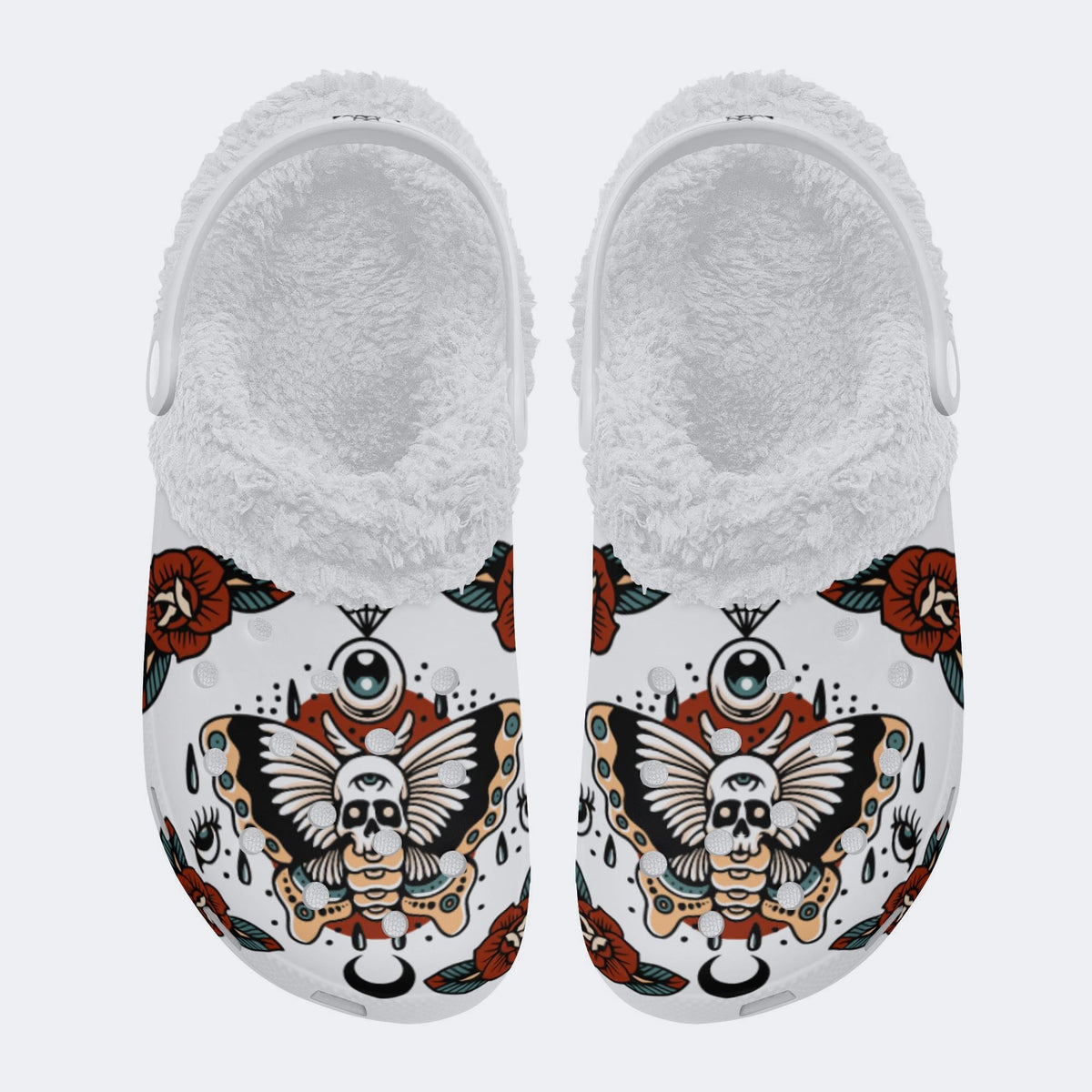 Vintage Death Moth Print - Fur Lined Slippers/Sandals