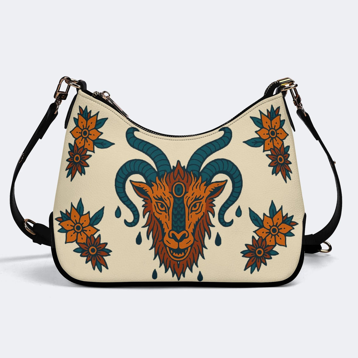 Four-horned Sheep Head Print - Leather Crossbody Bag