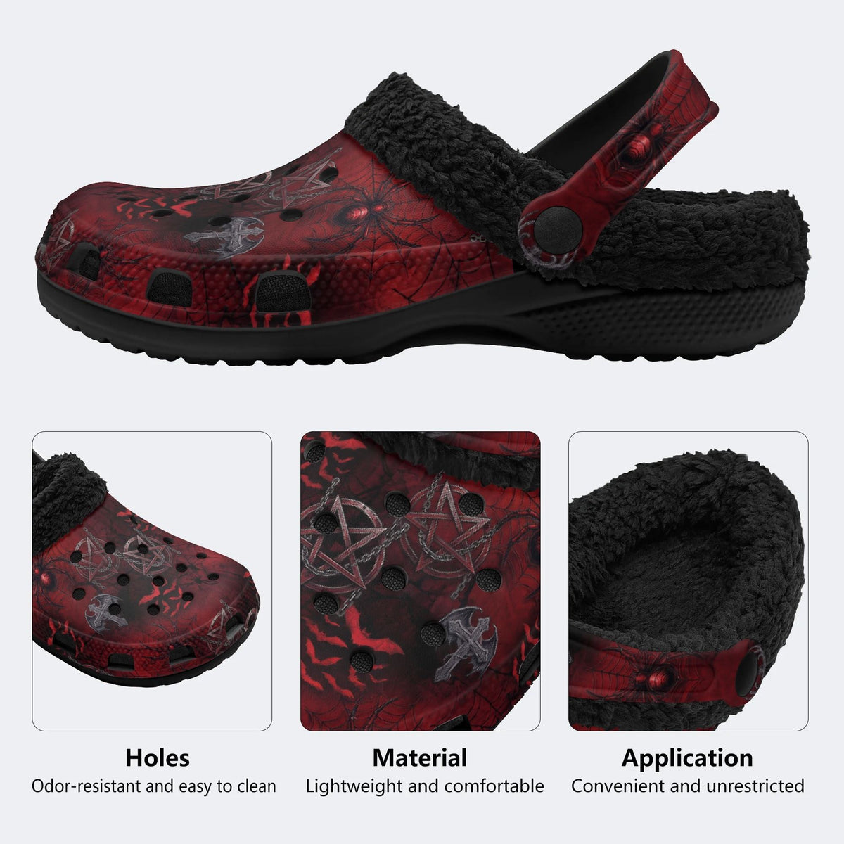 Gothic Red Spider Pentagram Spider Web - Fur Lined Slippers/Sandals