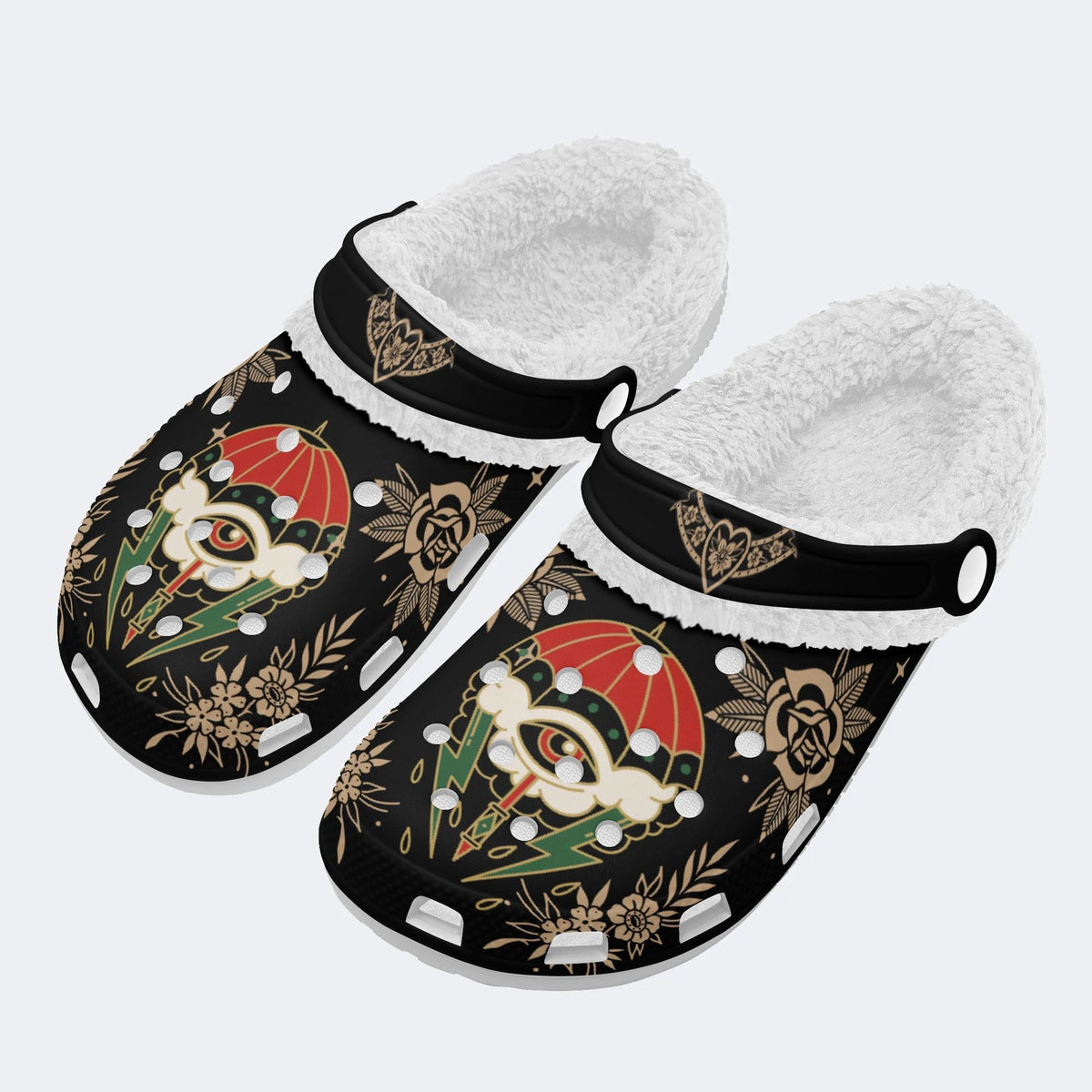 Lightning Umbrella Eyes Print - Fur Lined Slippers/Sandals