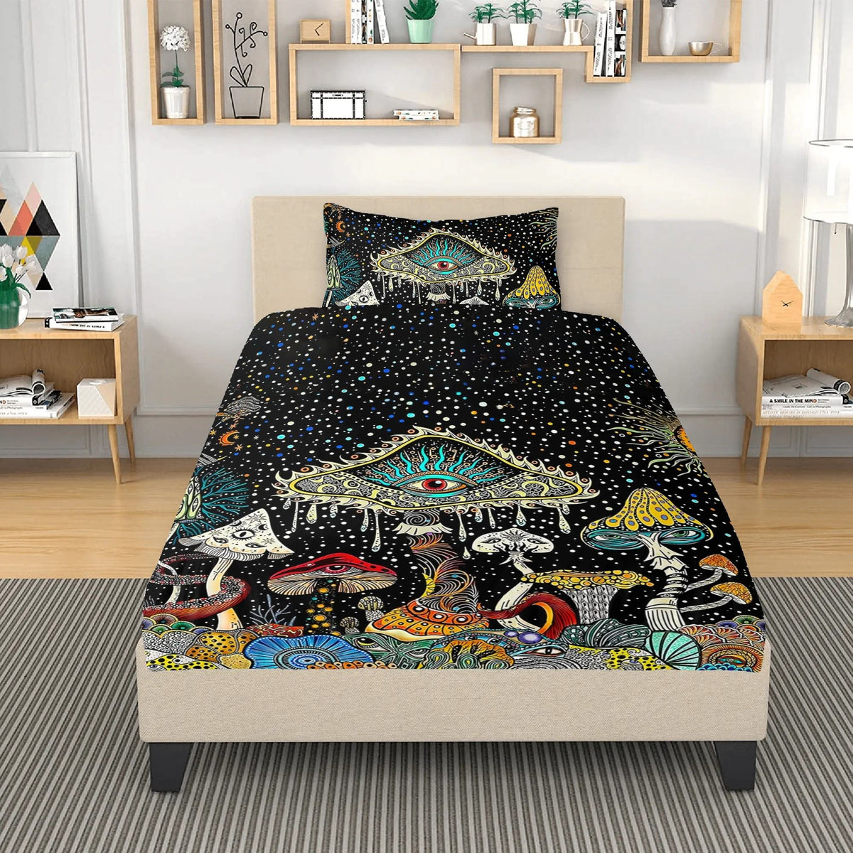 Retro Dark Mushroom Eyes Halloween Print - Three Piece Bedding Set