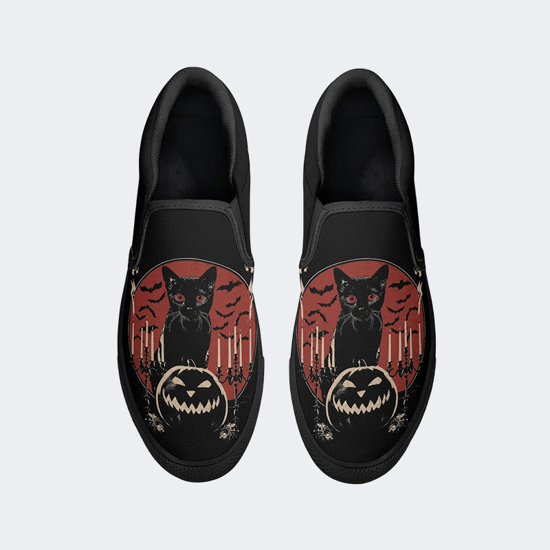 Halloween Pumpkin And Black Cat Print - Slip On Shoes