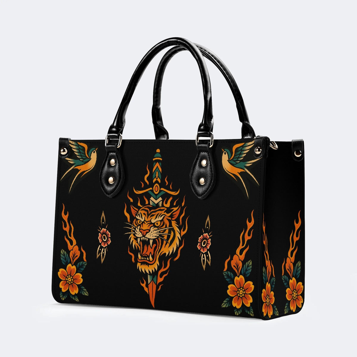 Old School Flame Tiger Print - Leather Handbag