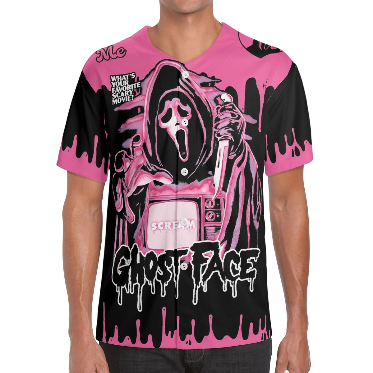 Pink Ghost Face Scream - Men's Short Sleeve Baseball Jersey